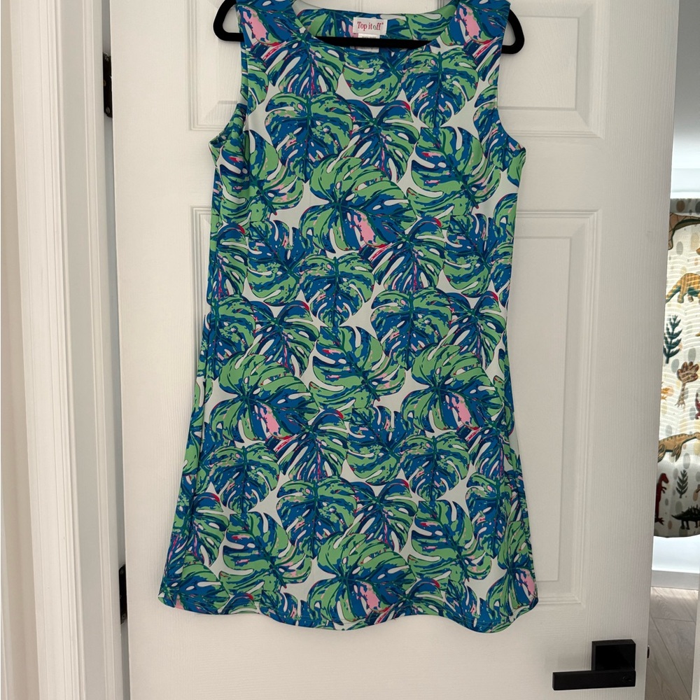 Tropical Leaf Print Sleeveless Dress